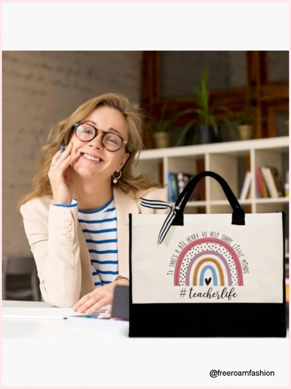 Large Canvas Tote Bag with Zipper Pocket Adjustable Strap Teacher Gift
